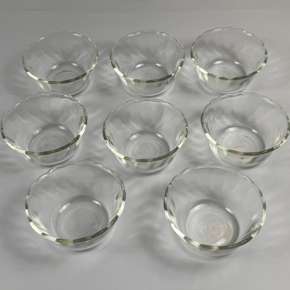 Fire-King 424 Clear Glass Scalloped Custard Cups 6oz Set of 8 Vintage USA Made